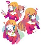  1boy 1girl alderion-al bangs blonde_hair blue_eyes bracelet brown_hair dress heart jewelry link long_hair open_mouth pointing pointy_ears princess_zelda red_dress sidelocks smile squiggle the_legend_of_zelda the_legend_of_zelda:_skyward_sword triangle_mouth 