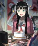  1girl :d bangs birthday_cake black_hair cake candle character_name figure food green_eyes hair_ornament idol indoors keychain kurosawa_dia long_hair long_sleeves love_live! love_live!_school_idol_project love_live!_sunshine!! mole mole_under_mouth open_mouth otaku otaku_room poster_(object) school_uniform serafuku sidelocks sitting smile solo somechime_(sometime1209) television yazawa_nico 