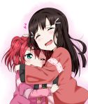 2girls black_hair blush closed_eyes clothes_grab commentary_request green_eyes hair_ornament hand_on_another&#039;s_head head_on_head heart hug japanese_clothes kurosawa_dia kurosawa_ruby long_hair long_sleeves love_live! love_live!_sunshine!! mole mole_under_mouth multiple_girls one_eye_closed open_mouth redhead siblings simple_background sisters sooki two_side_up wavy_mouth 