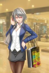  1girl :d alternate_costume bag bangs black_legwear black_ribbon black_skirt blurry braid breasts cleavage collar collarbone contemporary cowboy_shot depth_of_field dress_shirt female grey_hair hair_ribbon hand_on_hip highres holding_cellphone izayoi_sakuya jacket kashiru large_breasts long_sleeves looking_at_viewer no_headwear open_clothes open_jacket open_mouth pantyhose pencil_skirt red_eyes ribbon shirt shopping_bag shoulder_bag skirt smile solo suit_jacket swept_bangs touhou twin_braids white_shirt 