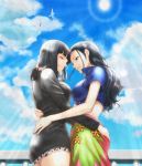  2girls bird black_hair blue_eyes blue_sky closed_eyes clouds dress dual_persona facing_another frilled_dress frills grin hand_on_another&#039;s_ass hand_on_another&#039;s_back high_collar hug long_hair midriff multiple_girls nico_robin one_piece seagull shinmanawa sky smile sun sunlight wavy_hair 
