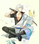  1boy boots flower full_body gintama hand_on_hip indian_style japanese_clothes kimono looking_at_viewer male_focus off_shoulder pectorals red_eyes sakata_gintoki sitting solo sword sword_behind_back weapon white_hair wooden_sword yellow_background yonsang21 