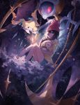  1girl animal animal_hug aqua_shorts beanie blue_eyes brown_hair clouds crystal female_protagonist_(pokemon_sm) floral_print glowing glowing_eyes gold_chain hat jirachi kanekiru looking_at_viewer lunaala night pokemon pokemon_(creature) pokemon_(game) pokemon_sm red_eyes red_hat rowlet short_hair short_sleeves shorts sitting_on_cloud sky sleeping sleeping_on_person smile star_(sky) starry_sky transparent_wings wide_sleeves yellow_eyes 