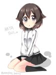  1girl black_eyes brown_hair hayasui_(kantai_collection) jacket kantai_collection ougi_hina short_hair sitting skirt socks track_jacket wariza 