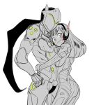  1boy 1girl armor ass bangs bodysuit bracer couple cowboy_shot cyborg d.va_(overwatch) eyebrows eyebrows_visible_through_hair facepaint facial_mark genji_(overwatch) gloves hand_on_another&#039;s_back hand_on_hip headband headphones helmet hug long_hair long_sleeves mask overwatch pilot_suit power_armor ribbed_bodysuit simple_background smile spot_color turtleneck veil whisker_markings white_background 