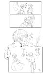  1boy 1girl 4koma :p :q ? ?? akujiki_musume_conchita_(vocaloid) biting_finger blush chef_uniform closed_eyes comic commentary_request corset detached_sleeves embarrassed evillious_nendaiki flower hair_flower hair_ornament heart holding_hand ichi_ka kaito meiko monochrome nibbling sexually_suggestive short_hair signature smile spoken_heart teasing tongue tongue_out translation_request vocaloid 