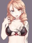  1girl black_bra blonde_hair bow bow_bra bra breasts brown_eyes cleavage commentary_request drill_hair grey_background hand_in_hair highres large_breasts neit_ni_sei open_mouth original sketch smile solo tattoo twin_drills underwear upper_body 