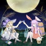  2girls animal_ears apron backpack bag black_hat black_skirt black_vest blonde_hair bloomers bottle bow carrot closed_eyes dango food frilled_skirt frills full_moon grass grin hair_between_eyes hat hat_bow highres kirisame_marisa kuroe_niki lavender_hair loafers long_hair mary_janes mochi moon multiple_girls necktie open_mouth pin pink_shirt plate pleated_skirt puffy_short_sleeves puffy_sleeves rabbit_ears red_necktie red_skirt reisen_udongein_inaba ribbon-trimmed_underwear ribbon_trim sakazuki shirt shoes short_sleeves sitting sitting_on_ground skirt smile toast_(gesture) touhou tsukimi_dango tsurime underwear wagashi waist_apron white_apron white_bow white_legwear white_shirt witch_hat yellow_eyes 