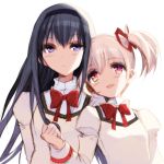  2girls akemi_homura bangs bow bowtie closed_mouth hair_grab hair_ribbon hairband highres kaname_madoka leaning_on_person long_hair mahou_shoujo_madoka_magica misteor multiple_girls open_mouth pink_eyes pink_hair red_bow red_ribbon ribbon school_uniform twintails upper_body violet_eyes white_background 