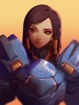  1girl armor ask_(askzy) bodysuit braid brown_eyes brown_hair brown_lipstick dark_skin eye_of_horus eyelashes facial_mark facial_tattoo hair_tubes lips lipstick long_hair makeup overwatch pauldrons pharah_(overwatch) portrait power_armor power_suit shoulder_pads side_braids solo tattoo turtleneck upper_body 