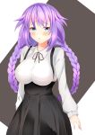  1girl absurdres blue_eyes blush braid breasts cleavage doru_26 hair_ornament highres large_breasts long_hair looking_at_viewer neptune_(choujigen_game_neptune) neptune_(series) purple_hair purple_heart solo symbol-shaped_pupils twin_braids 