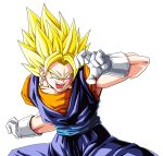 1boy absurdres blonde_hair dougi dragon_ball dragon_ball_z earrings fighting_stance gloves green_eyes highres jewelry kamishima_kanon male_focus muscle open_mouth potara_earrings serious solo spiky_hair super_saiyan vegetto white_gloves 