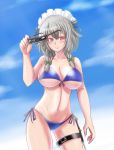  1girl alternate_costume ass_visible_through_thighs bare_arms bare_shoulders bikini blue_bikini blush bow braid breasts cleavage collarbone cowboy_shot day green_bow grey_hair groin gun hair_bow halter_top halterneck holster izayoi_sakuya kashiru knife large_breasts looking_at_viewer maid_headdress navel red_eyes rifle side-tie_bikini solo stomach sunglasses sunglasses_removed swimsuit thigh_holster touhou twin_braids under_boob weapon 