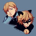  1boy animal_ears bell blonde_hair blue_background blue_eyes cat_ears ceejles chat_noir domino_mask dual_persona felix_(miraculous_ladybug) grin hand_on_own_cheek highres lips looking_at_viewer male male_focus mask miraculous_ladybug necktie signature simple_background smile 