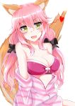  1girl animal_ears bare_shoulders bra breasts cleavage collarbone fang fate/extra fate_(series) fox_ears fox_tail heart highres kitajima_yuuki large_breasts looking_at_viewer open_clothes open_mouth open_shirt pink_bra pink_hair shirt simple_background solo tail tamamo_(fate)_(all) tamamo_no_mae_(fate) underwear white_background yellow_eyes 