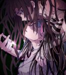  2girls bandages black_hair blindfold dangan_ronpa doraraemon jewelry long_hair mioda_ibuki multicolored_hair multiple_girls necklace purple_hair super_dangan_ronpa_2 syringe tsumiki_mikan violet_eyes 