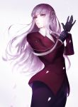  1girl cowboy_shot dangan_ronpa dangan_ronpa_3 glove_pull gloves hair_ribbon highres jacket katorius kirigiri_kyouko long_hair looking_afar purple_hair ribbon solo violet_eyes 