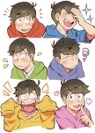  6+boys :&lt; :p brothers brown_hair flying_sweatdrops heart hono1212 hood hoodie index_finger_raised male_focus matsuno_choromatsu matsuno_ichimatsu matsuno_juushimatsu matsuno_karamatsu matsuno_osomatsu matsuno_todomatsu messy_hair multiple_boys osomatsu-kun osomatsu-san pose sextuplets siblings sleeves_past_wrists smile sparkle squiggle tongue tongue_out upper_body wall-eyed 