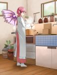  1girl cooking grimay housewife japanese_clothes kappougi kimono kitchen mystia_lorelei obi okamisty pink_hair pot sash touhou wings 
