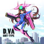  1girl alternate_eye_color bangs blue_sky bodysuit breasts brown_hair building bunny_print cannon character_name city clothes_writing clouds cloudy_sky commentary_request covered_navel d.va_(overwatch) facepaint facial_mark finger_gun full_body fusion green_eyes hair_between_breasts hair_ornament headphones kenmiko long_hair looking_at_viewer mecha_musume medium_breasts meka_(overwatch) open_mouth outdoors overwatch pilot_suit skin_tight sky skyscraper solo swept_bangs turret whisker_markings 