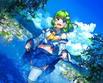  1girl ascot blue_eyes blue_ribbon blue_skirt clouds commentary_request day detached_sleeves eyebrows eyebrows_visible_through_hair frog_hair_ornament green_hair hair_ornament hair_tubes highres kanou_(natsuno0223) kochiya_sanae lake looking_at_viewer midriff moss mountain navel pleated_skirt ribbon ribbon-trimmed_legwear ribbon_trim rock shirt sidelocks skirt skirt_lift sky snake_hair_ornament solo splashing thigh-highs touhou wading water white_legwear white_shirt wide_sleeves 