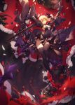  1girl arms_up atdan black_dress black_legwear black_rose blonde_hair blood breasts choker cleavage dark_excalibur dress fate_(series) flower highres looking_at_viewer puffy_sleeves rose saber saber_alter skirt sleeveless sleeveless_dress smile solo sword thigh-highs weapon wide_sleeves yellow_eyes 