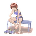  1girl barefoot bike_shorts feet hands_on_feet highres no_socks original redhead shoes shoes_removed short_hair sitting sketch sneakers soles souji_kurokawa sports_bra toes 