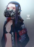  1girl armband black_hair choker commentary_request cyberpunk emblem gas_mask hair_pulled_back hands_in_pockets highres iyo_(nanaka-0521) jacket long_hair looking_at_viewer navel open_clothes open_jacket original red_eyes solo 