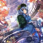  1girl album_cover architecture autumn_leaves backpack bag black_boots blue_eyes blue_hair blue_shirt blue_skirt boots bridge closed_mouth cover east_asian_architecture falling_leaves fish frilled_skirt frills from_below hair_bobbles hair_ornament hat janne_cherry juliet_sleeves kawashiro_nitori koi leaf long_sleeves looking_at_viewer maple_leaf puffy_sleeves ripples rope_bridge shirt short_hair skirt skirt_set smile solo touhou two_side_up water waterfall watermill 