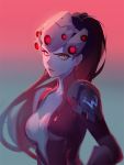  1girl ask_(askzy) blurry bodysuit breasts center_opening expressionless eyebrows eyelashes face goggles gradient gradient_background head_mounted_display lips long_hair medium_breasts multicolored_background nose overwatch parted_lips purple_hair purple_skin solo two-tone_background upper_body widowmaker_(overwatch) yellow_eyes 