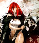  1girl breasts commentary_request fur-trimmed_cape large_breasts long_hair maeshima_shigeki redhead sarashi shut_hell shut_hell_(character) sickle solo 