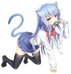  1girl animal_ears bangs black_legwear blue_hair bow bowtie cat_ears cat_tail commentary_request copyright_request fang fish full_body long_hair long_sleeves looking_at_viewer pleated_skirt red_eyes school_uniform serafuku simple_background skirt solo superpig_(wlstjqdla) tail thigh-highs uniform very_long_hair white_background zettai_ryouiki 