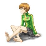  barefoot bike_shorts blush brown_hair feet green_jacket highres jacket persona persona_4 satonaka_chie short_hair skirt soles souji_kurokawa toes track_jacket 