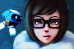  1girl artist_name bangs beads black-framed_eyewear brown_eyes brown_hair coat drone face floating fur-lined_jacket fur_coat fur_trim glasses hair_bun hair_ornament hair_stick looking_at_viewer machinery mei_(overwatch) nose nyaacaal open_mouth overwatch parka pink_lips robot short_hair sidelocks signature snowflake_hair_ornament solo swept_bangs teeth tongue upper_body winter_clothes winter_coat 