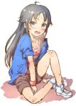  1girl ahoge arm_support bandaid bandaid_on_knee black_hair blue_eyes blush collarbone idolmaster idolmaster_cinderella_girls jacket long_hair looking_at_viewer nametake nanjou_hikaru off_shoulder open_mouth shoes shorts sitting sketch smile sneakers solo sweat tank_top wristband 