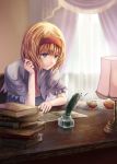  1girl alice_margatroid arm_support blonde_hair blue_eyes book capelet cup curtains desk glass hairband hand_in_hair indoors inkwell kisuke1212 lamp light_particles quill reading short_hair smile solo sunlight touhou window 