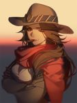  1girl ask_(askzy) brown_eyes brown_gloves brown_hair brown_hat cape cigar cowboy_hat crossed_arms eyebrows eyebrows_visible_through_hair eyelashes female genderswap genderswap_(mtf) gloves gradient gradient_background hat lips lipstick makeup mccree_(overwatch) mouth_hold one_eye_closed overwatch poncho red_cape solo upper_body 