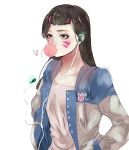  1girl brown_eyes brown_hair bubble_blowing bubblegum bunny_print buttons collarbone d.va_(overwatch) earphones eyelashes facepaint facial_mark gum hands_in_pockets highres jacket open_clothes open_jacket overwatch simple_background solo undershirt upper_body whisker_markings white_background 