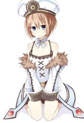  1girl bare_shoulders blanc blancpig_yryr blue_eyes brown_hair fur_trim hat highres looking_at_viewer neptune_(series) short_hair sitting smile solo wariza 