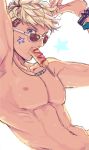  1boy arm_up armpit_hair armpits blonde_hair blue_eyes bracelet corndog eating food_in_mouth granblue_fantasy jewelry ketchup looking_at_viewer makino_bunny male_focus navel necklace shirtless solo tan vane_(granblue_fantasy) 