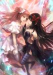  2girls akemi_homura akuma_homura argyle argyle_legwear black_dress black_gloves bow choker dress elbow_gloves face-to-face feathered_wings gloves goddess_madoka hair_bow hairband hands_together highres kageco kaname_madoka lavender_legwear long_hair looking_at_another mahou_shoujo_madoka_magica mahou_shoujo_madoka_magica_movie multiple_girls open_mouth pink_hair purple_legwear red_bow spoilers thigh-highs two_side_up very_long_hair white_dress white_gloves wings zettai_ryouiki 