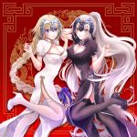  2girls alternate_costume black_legwear blonde_hair blue_eyes braid breasts china_dress chinese_clothes cleavage cleavage_cutout dress fate/grand_order fate_(series) garter_straps headpiece high_heels jeanne_alter long_hair multiple_girls ponytail pumps ruler_(fate/apocrypha) ruler_(fate/grand_order) side_slit sushimaro thigh-highs white_legwear yellow_eyes 