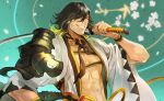  1boy abs black_hair eyebrows eyebrows_visible_through_hair flower grin hair_over_one_eye highres holding holding_weapon japanese_clothes looking_at_viewer male_focus multicolored_hair nagasone_kotetsu petals smile solo sword touken_ranbu two-tone_hair weapon yellow_eyes yonsang21 