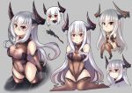  1girl :&lt; :o arms_behind_back bangs between_legs black_gloves blush borrowed_character breasts brown_legwear chestnut_mouth chibi closed_mouth colo_mag-chan colossus_(granblue_fantasy) detached_sleeves doraf eyebrows eyebrows_visible_through_hair gloves granblue_fantasy grey_background hair_between_eyes horns kuronekozero leotard long_hair long_sleeves medium_breasts multiple_views open_mouth original piloting pointy_ears red_eyes sitting solo staff taut_leotard thigh-highs tsurime turtleneck upper_body v_arms white_hair 