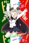  1girl anchovy arms_up bangs belt black_shoes black_skirt cape confetti dress_shirt drill_hair flag_background full_body girls_und_panzer green_hair hair_ribbon happy_birthday italian_flag jumping loafers long_hair long_sleeves massala miniskirt necktie open_mouth pantyhose pleated_skirt rainbow_gradient red_eyes ribbon school_uniform shirt shoes skirt smile solo twin_drills twintails twitter_username white_legwear white_shirt 