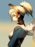  1girl ask_(askzy) bangs blonde_hair breasts closed_mouth expressionless eyebrows from_side gradient gradient_background green_eyes hair_ornament headgear high_ponytail lips looking_at_viewer medium_breasts mercy_(overwatch) multicolored_background nose overwatch profile short_ponytail solo two-tone_background 