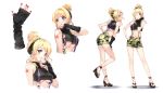  1girl ayase_eli blonde_hair blue_eyes breasts hair_bun high_heels highres long_hair love_live! love_live!_school_idol_project midriff navel one_eye_closed sheska_xue skirt smile solo star suspenders tattoo under_boob 