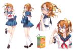  1girl :d :q \m/ alternate_costume bag bespectacled blue_eyes bow glasses hair_bow hair_ribbon half_updo highres juice_box kousaka_honoka loafers love_live! love_live!_school_idol_project open_mouth pleated_skirt ribbon school_bag school_uniform serafuku sheska_xue shoes short_hair side_ponytail skirt smile solo tongue tongue_out 