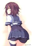  1girl ass asymmetrical_clothes asymmetrical_legwear bike_shorts blue_skirt bodysuit brown_hair commentary_request eyebrows eyebrows_visible_through_hair from_behind furutaka_(kantai_collection) hair_ornament hairclip kantai_collection looking_to_the_side short_hair shorts_under_skirt simple_background skirt solo tamagawa_yukimaru twitter_username yellow_eyes 