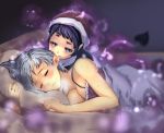  2girls @_@ alternate_costume bare_shoulders biting blue_eyes blue_hair blush breasts camisole cleavage closed_eyes closed_mouth doremy_sweet dream_soul dress ear_biting hat heavy_breathing highres kikimifukuri kishin_sagume large_breasts looking_at_another multiple_girls nightcap short_hair silver_hair sleeping sweat tapir_tail touhou under_covers 